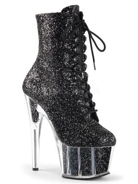 Pleaser Black Glitter Lace-Up Clear Platform Ankle Boots
